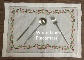 

Set of 12 Fashion Table Cloth White Hemstitch Linen Table Runner /Placemats with embroidered Floral for elegant lunch or dinner