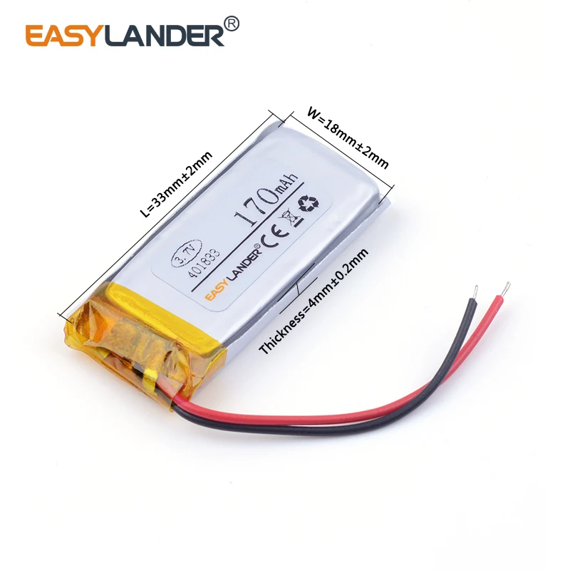 401833 3.7V 170mAh Rechargeable Lithium Li-ion Polymer Battery for MP3 DVR Bluetooth DIY Toys 041833 401830 401730