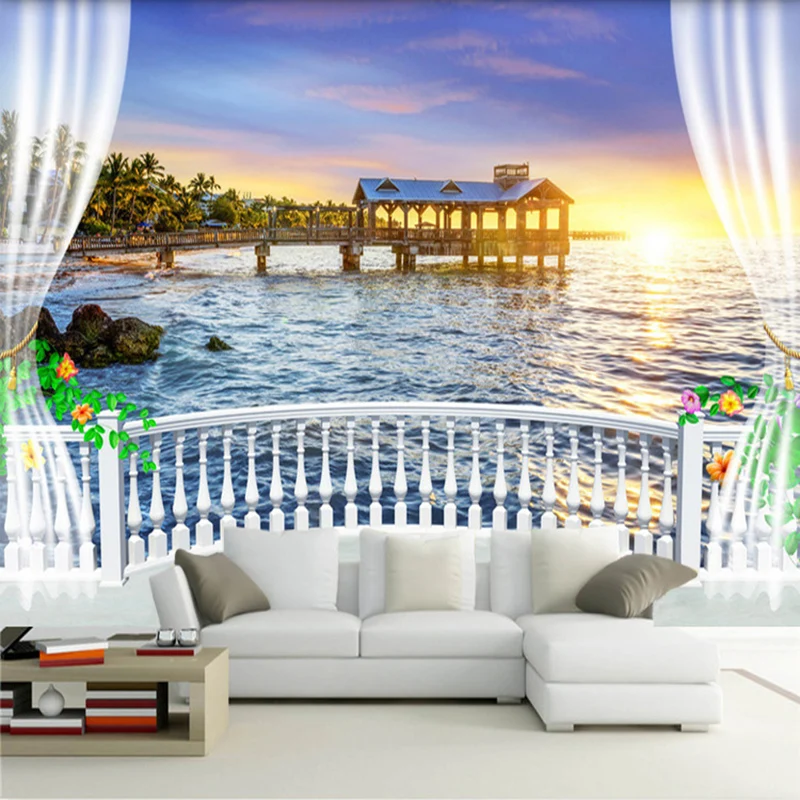 Custom Photo Wall Paper 3D Balcony Beautiful Sea View Sunrise Mural Living Room Bedroom Cafe Restaurant Backdrop Wall Home Decor