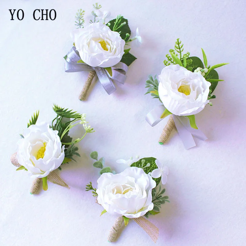 YO CHO White Pink Wedding Wrist Corsages Flower Suit Wedding Decor Silk Rose Groom Flower Boutonnieres Marriage Prom Brooch Pins