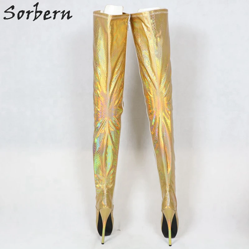 Sorbern Holographic Snake Crotch Thigh High Boots Women Stilettos Ballet High Heels Long Boot Lady Custom Shaft Length Wide Calf