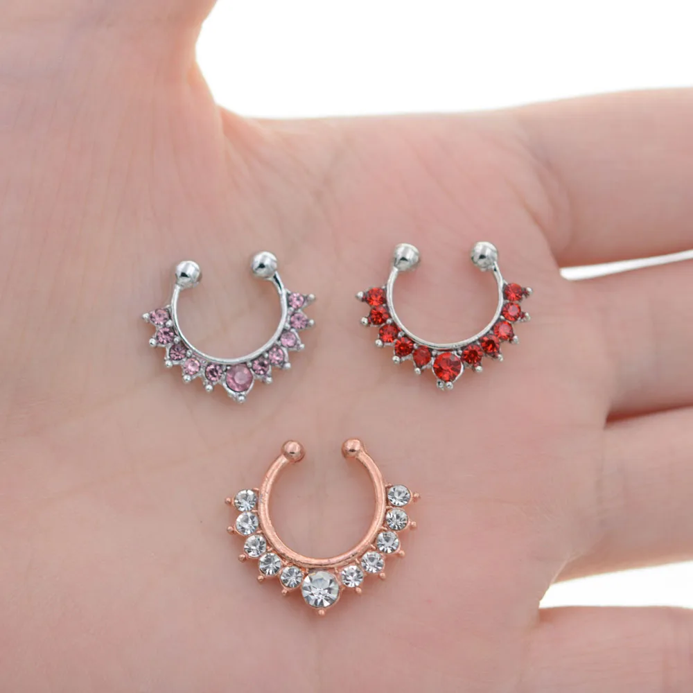 1Pc Crystal Clicker Fake Septum For Women Body Clip Hoop Vintage Muticolor Fake Nose Ring Faux Piercing Body Jewellery