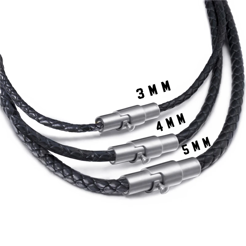 3/4/5mm Black Leather Necklaces for Men Women Cord Silver Stainless Steel Magnetic Clasp Braided Genuine Choker