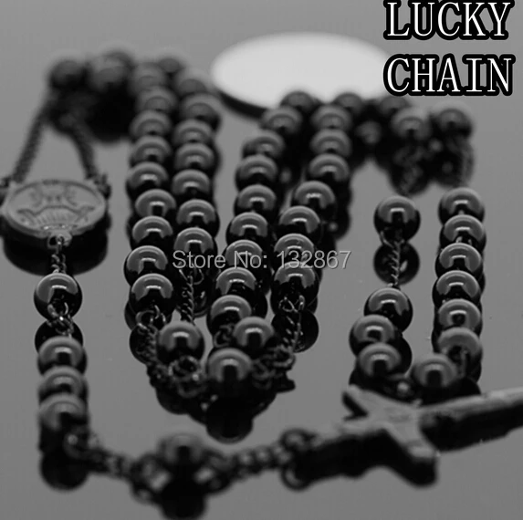 

STAINLESS STEEL BLACK ROSARY CHAIN NECKLACE 26''+5.3'' 6mm ball