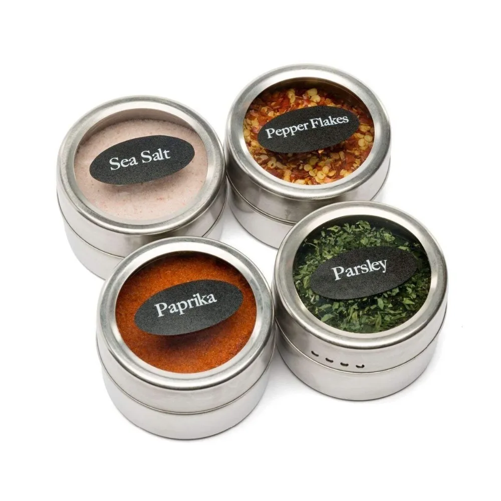 LMETJMA Magnetic Spice Jars Set With Spice Labels and Chalkboard Pen Stainless Steel Seasoning Pepper Spice Storage Jars Tins