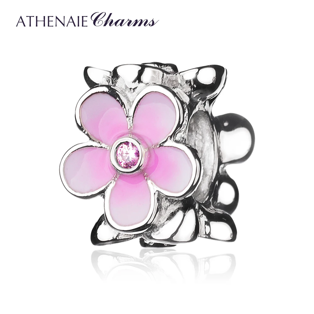 ATHENAIE Darling Daisies Pave Pink CZ Pale Cerise Enamel Spacer Charms Fit Original Bracelet Necklace 925 Sterling Silver Beads