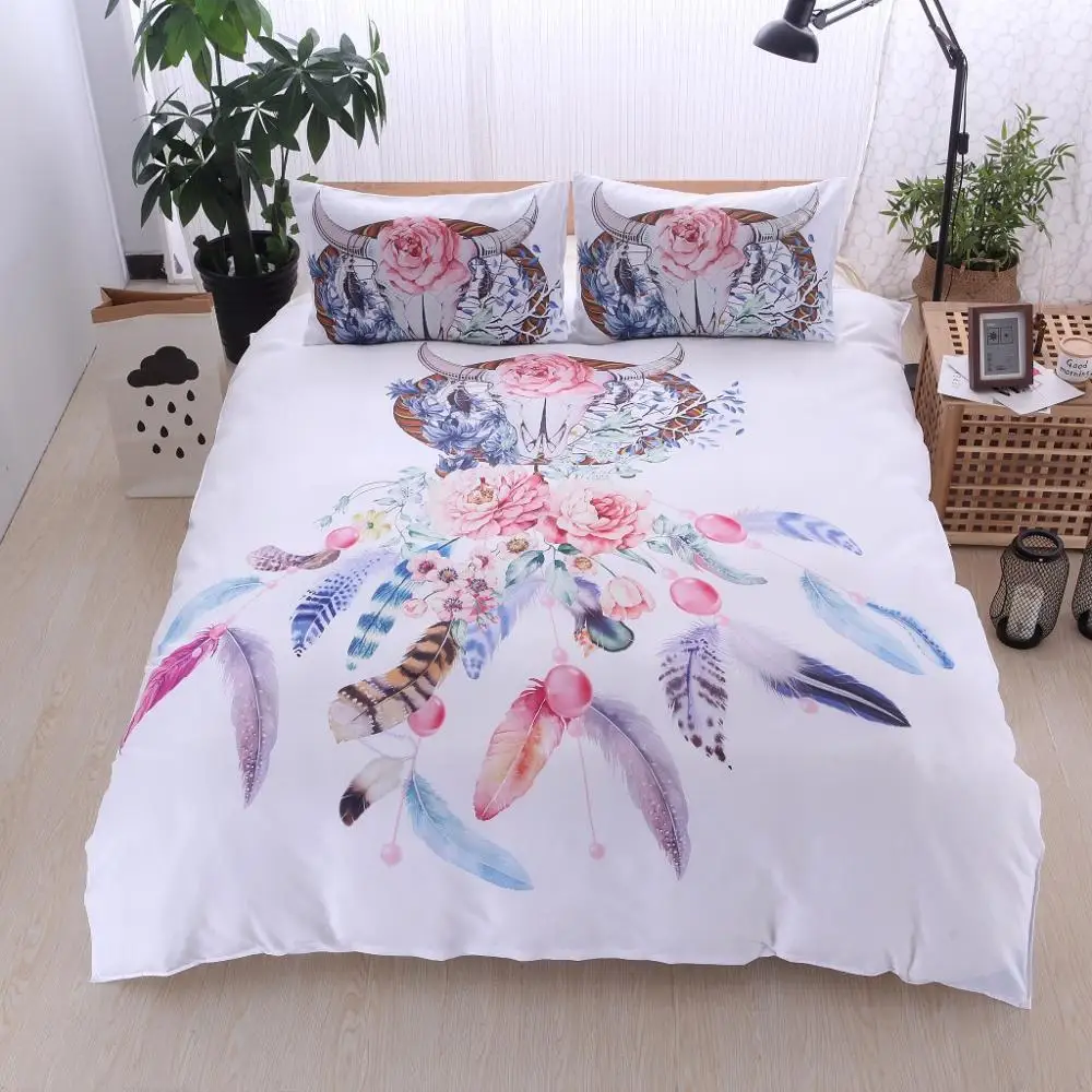 3pcs White Dreamcatcher Bedding Sets comforter cover Bohemian Print Bedclothes King Colorful Feathers Duvet Cover