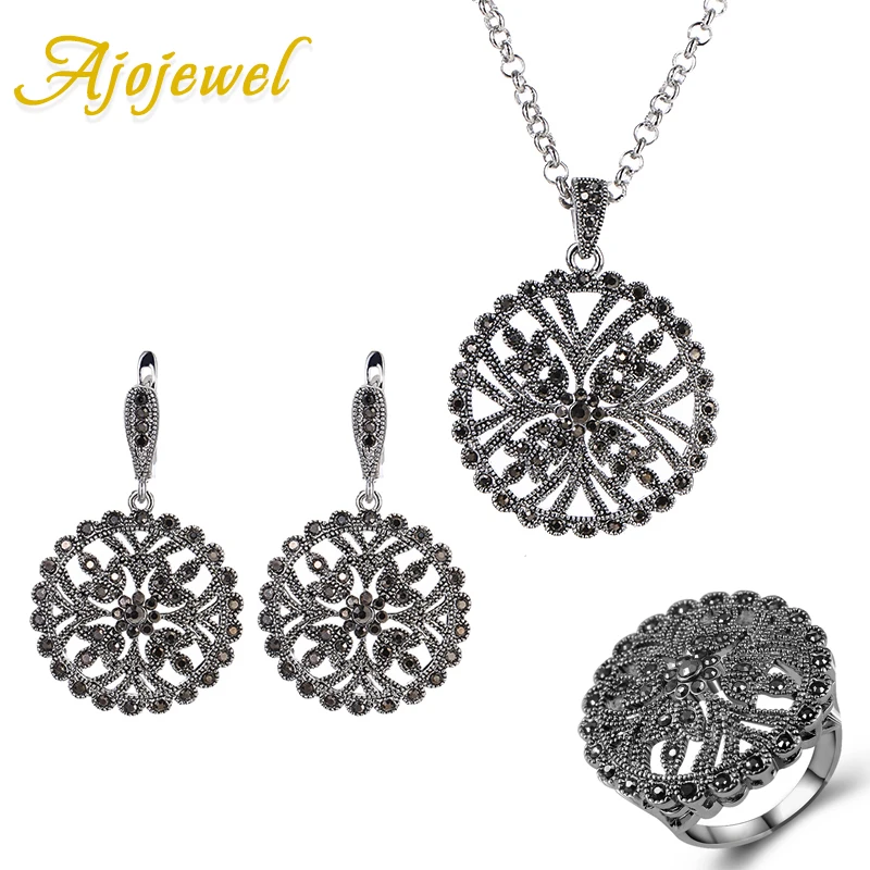 Ajojewel Vintage Hollow Flower Jewelry Set Round Earring Necklace And Ring With Full Black Rhinestone