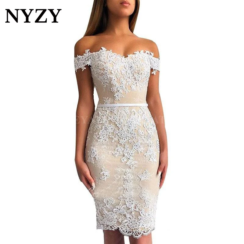 

Elegant Crystal Lace Vestido Coctel Robe Cocktail Dress White Champagne 2019 NYZY C174 Party Dress Graduation Homecoming