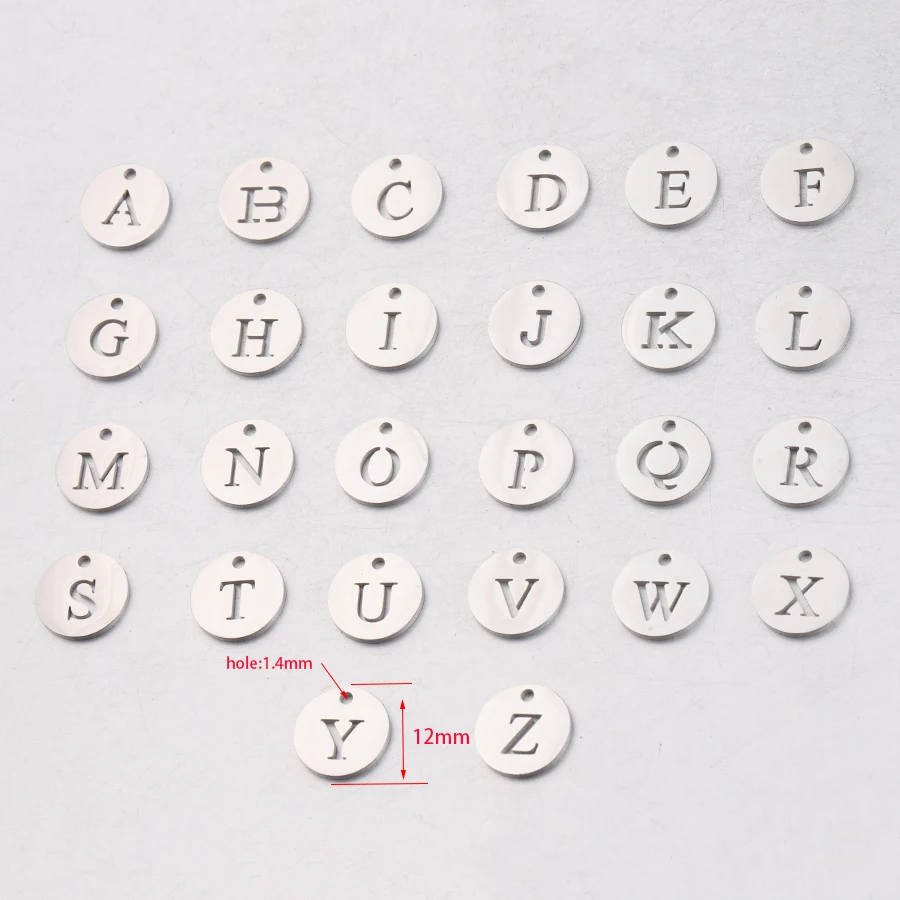 Fnixtar 12mm Mirror Polished Stainless Steel Alphabet A-Z Letter Tag Charms  With 1.5 mm Hole DIY Handmade Charm 26pcs/lot