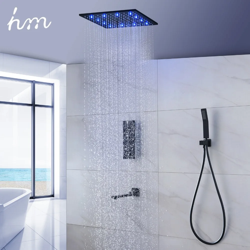 Hm 16 Inci Sistem Shower Termostatik Layar Sentuh Display Digital LED Showerhead 180 Derajat Set Keran Hitam Bawah Berputar