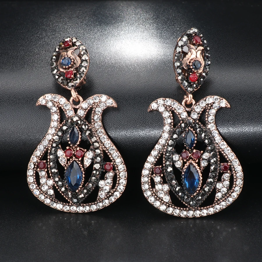 Kinel Fashion Bohemia Jewelry Blue Big Drop Earrings Inlaid Crystal Vintage Earrings For Women Antique Gold Color Christmas Gift