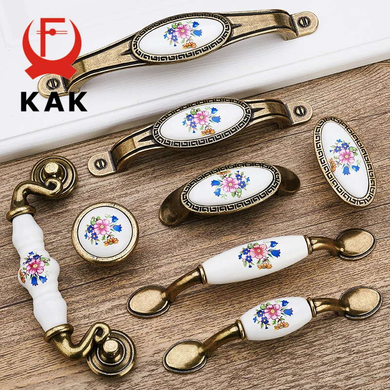 Kak 5 Stks/partij Antiek Brons Keramische Kabinet Handles Zinklegering Lade Knoppen Garderobe Deurgrepen Morning Glory Meubels Handvat