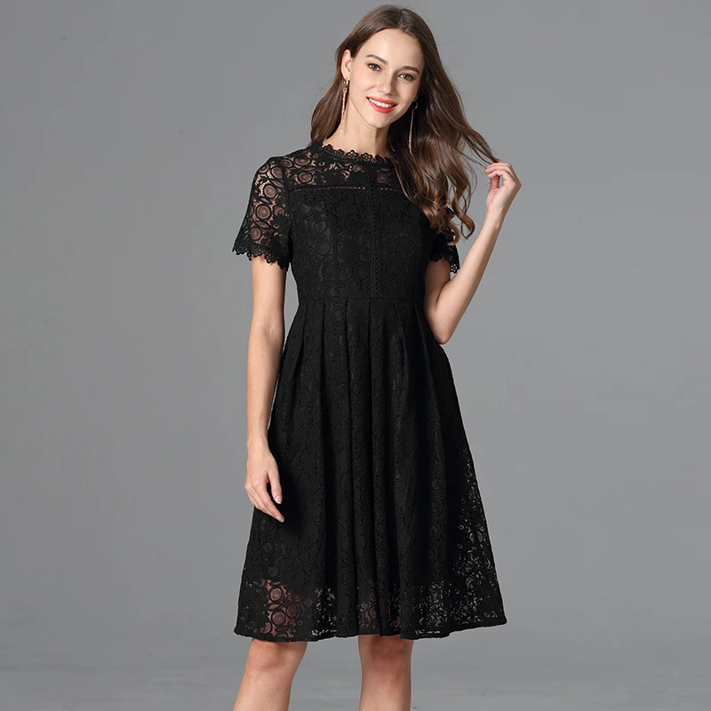 TAOYIZHUAI Summer New Arrival  Black color Big Size Casual Style  A-Line  O-Neck Knee Length   Elegant Women Lace Dress 11698