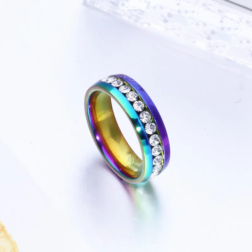 Classic Men Women Rainbow Colorful Crystal CZ Ring 316 Titanium Steel Wedding Band Ring Width 4mm Size 5-13 Gift