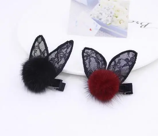 2017 New Hair Clips Fashion Rabbit Ear Mesh Hairclips Fur Pompom Hair Accessories