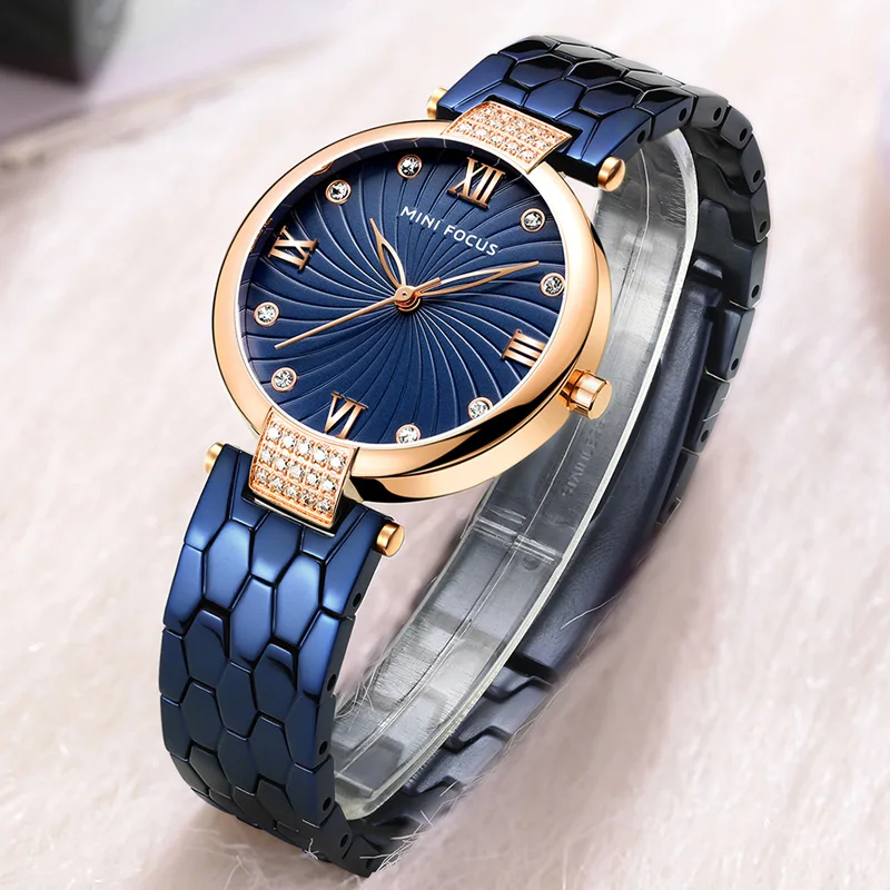 MINI FOCUS Women\'s Luxury Blue Watches Stainless Steel Bracelet Strap Waterproof Quartz Wristwatch Lady Woman Relogios 0186L
