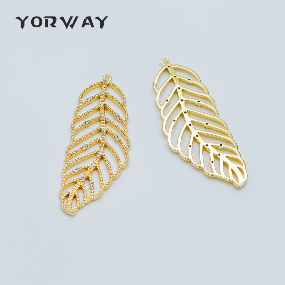 

4pcs/Lot CZ Paved Gold Leaf Charms 38mm, 18K Gold Plated Brass, Filigree Leaf Necklace Pendants (GB-373)