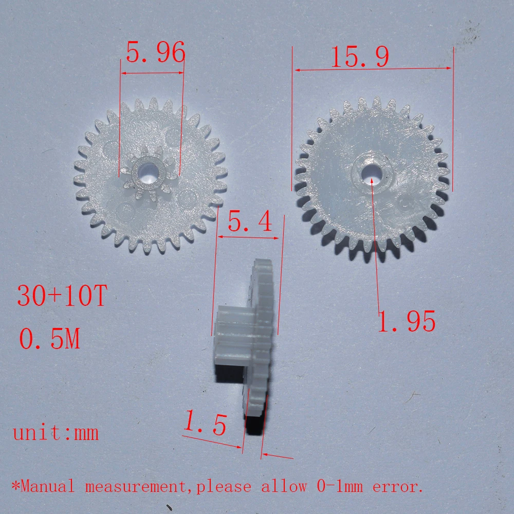 Engranaje de plástico de 2mm para niños, 10/100 piezas, 30 + 10T, 0,5 M OD, 16 + 6mm, dron rc, coche, avión, robot, juguetes para niños, accesorios para bebés, diy, GP30102A