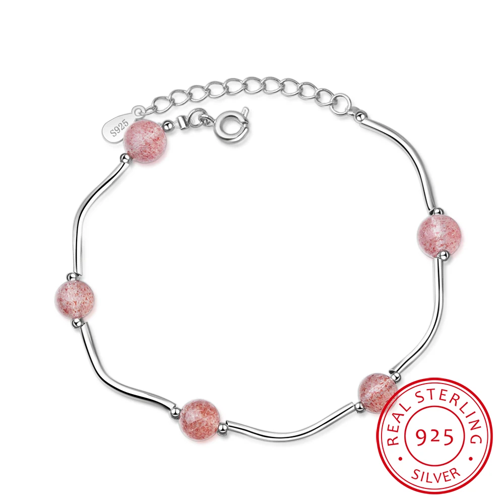 

Five Natural Strawberry Crystal Lucky Beads Bracelet For Women Best Gift 925 Sterling Silver Bracelet Bangles S-b19