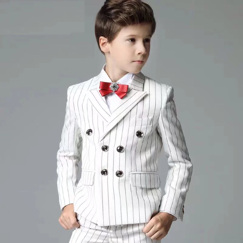 White Strap Notched Lapel Boy Suits One Button Wedding Suits Children Party Tuxedos boys Smoking blazer (jacket+pant+vest)