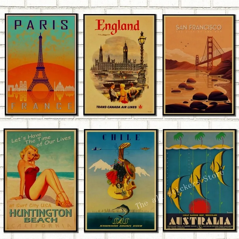 SAN FRANCISCO/PARIS/CHICAGO/ENGLAND/WAIKIKI/ vintage travel posters. living room decoration . bedroom decor