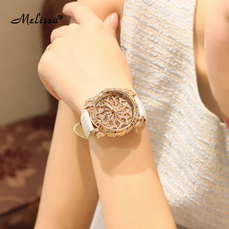 Luxury Melissa Lady Women\'s Watch Full Rhinestone Crystal Fashion Hours Dress Bracelet Clock Lucky Flower Girl\'s Gift Box