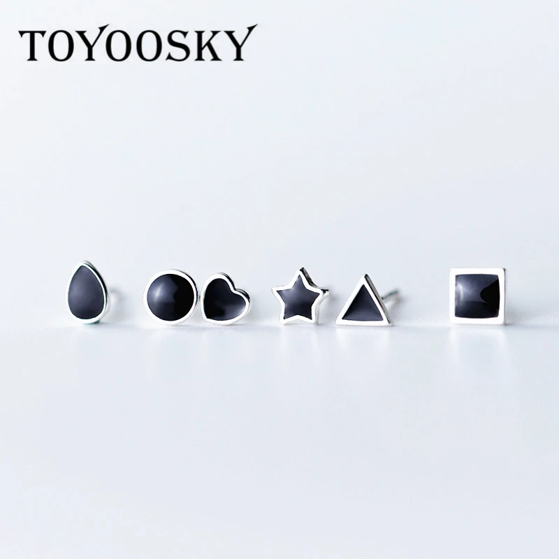 TOYOOSKY 925 Sterling Silver Tremella Nail Classic Black Women Men Square Round Small Heart Stud Earrings Geometric Stud Ear Jew