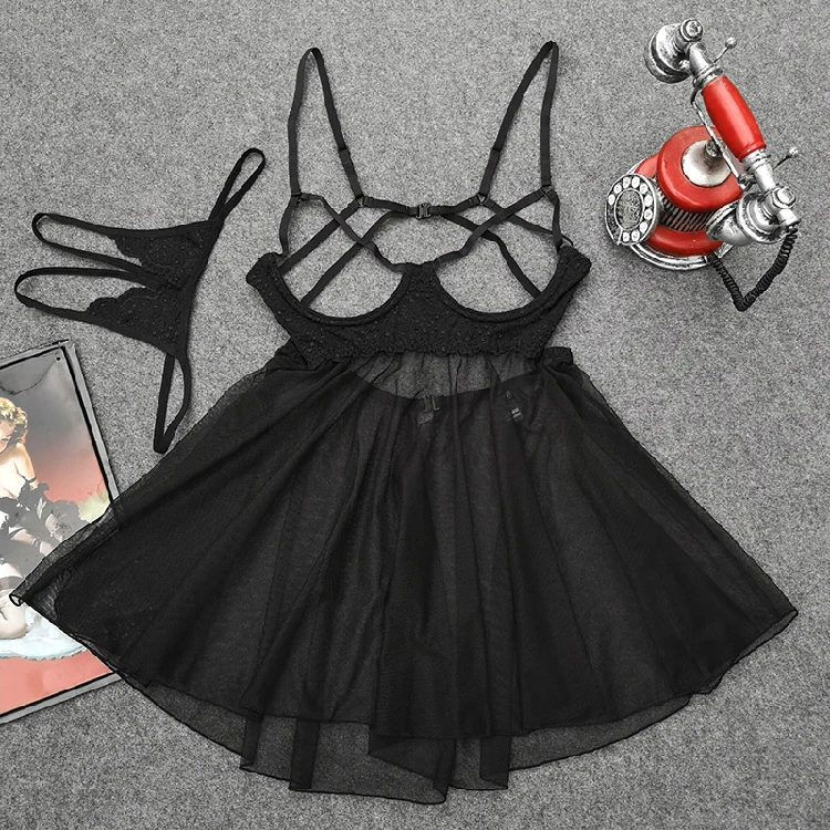 New Open Chest Sexy Babydoll Lingerie Dress Women Suspender Nightdress Lace Mesh Seductive Nightgown Sleepwear Night Dress