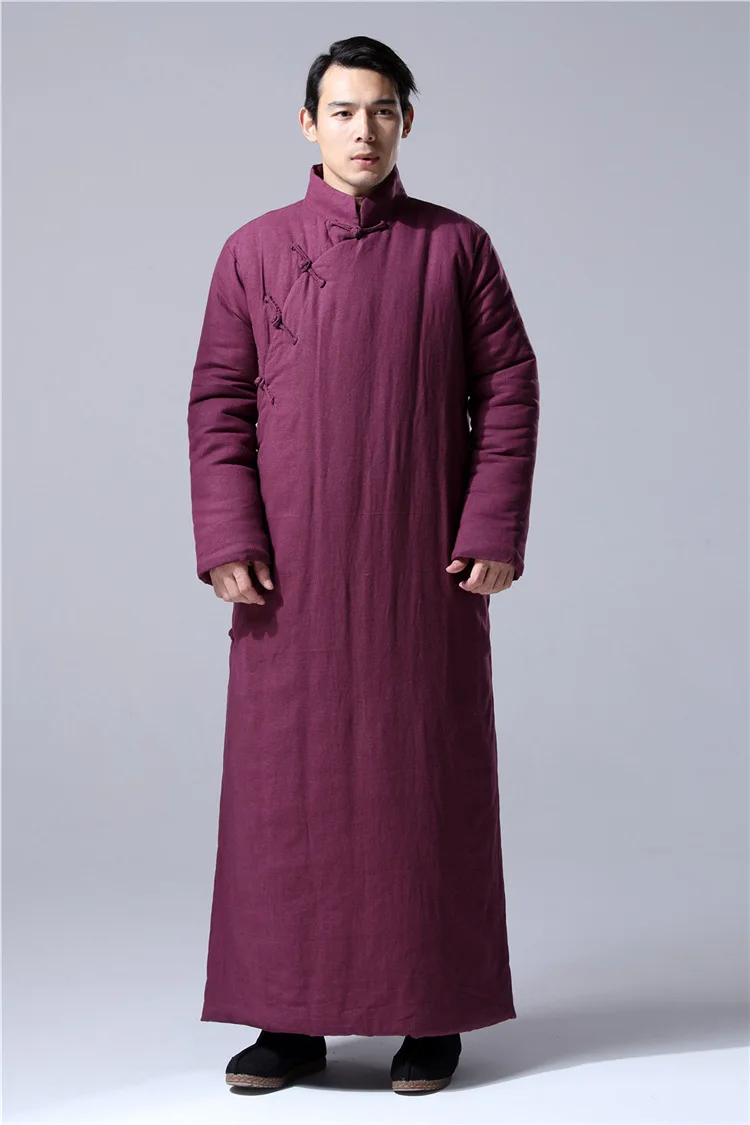 Chinese style thick loose Linen pourpoint Long Robe China Traditional winter men's Wear Retro hemp cotton padded long gown Robe