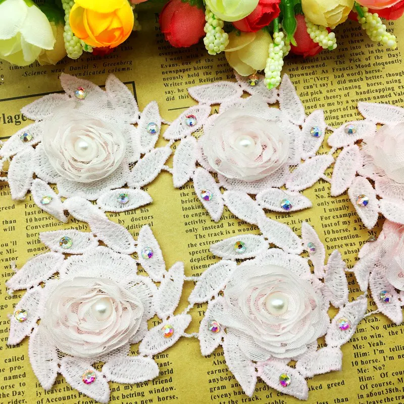 

20Pcs Pink Pearl Beaded Rose Flower 3D Diamond Lace Trim Ribbon Fabric Guipure Embroidered Applique Sewing Craft Wedding Dress