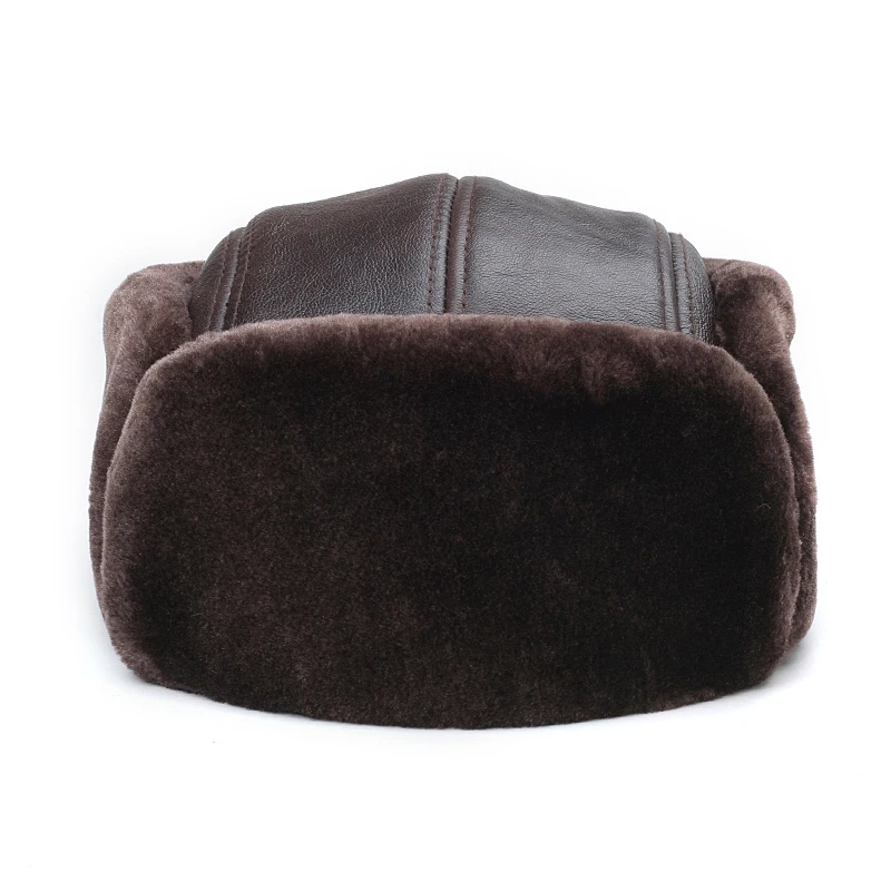 RY964 Male Winter Genuine Leather Faux Fur Black/Brown Bomber Hat For Men Ear Head Warm Moto Caps For Dad Dome Gorras Hombre