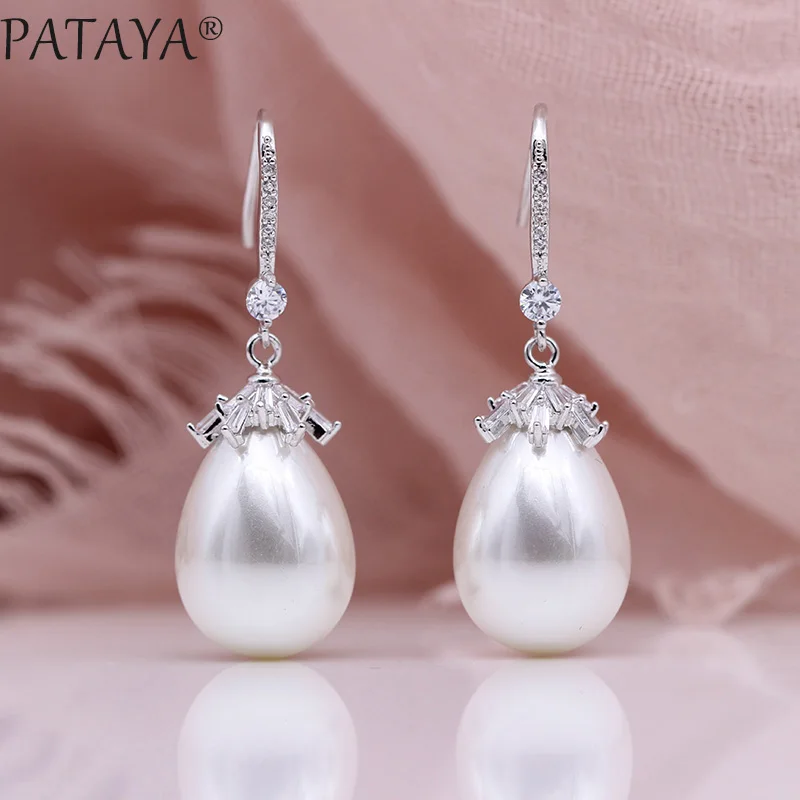 PATAYA New Oval Shell Pearls Long Earrings 585 Rose Gold Color Square Natural Zircon Women Luxury Fine Wedding Fashion Jewelry