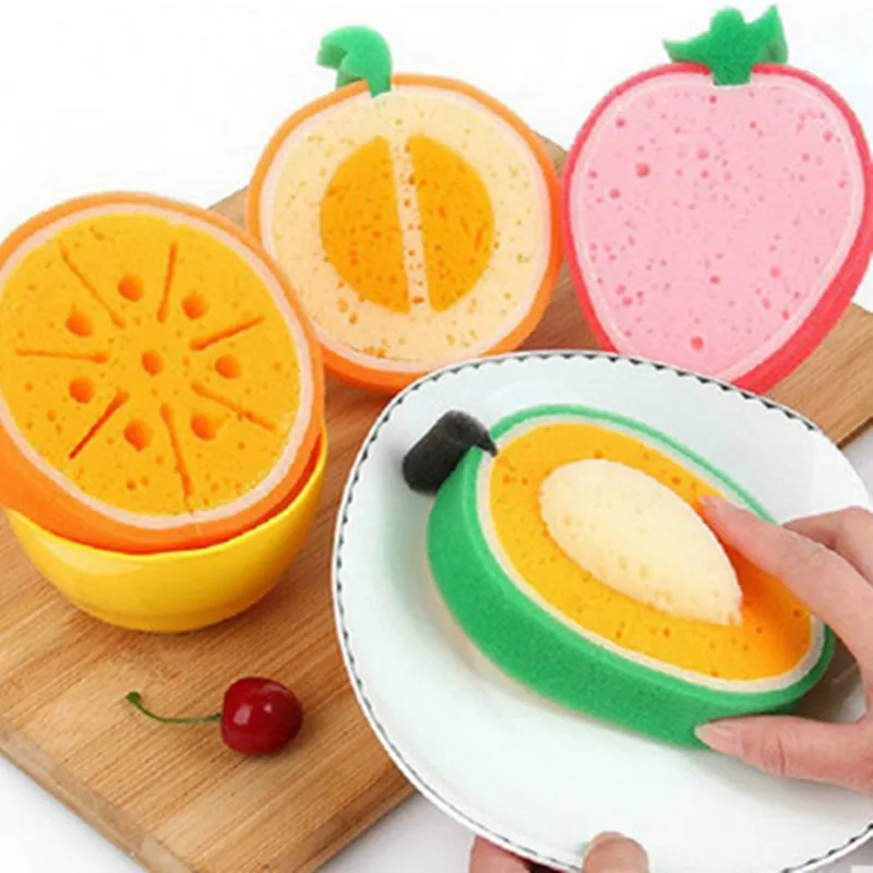 

Y163 Cute Fruit Shape 4 pcs/set Microfiber Sponge Scouring Pad Cleaning Cloth Remove Stains Thickened Sponge Kitchen Tools