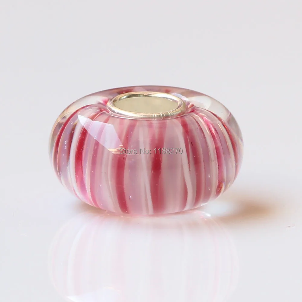 red and white & purple stripe Delight Glass bead with Solid Sterling Silver Tube .925 Stamped Fit European Snake Chain