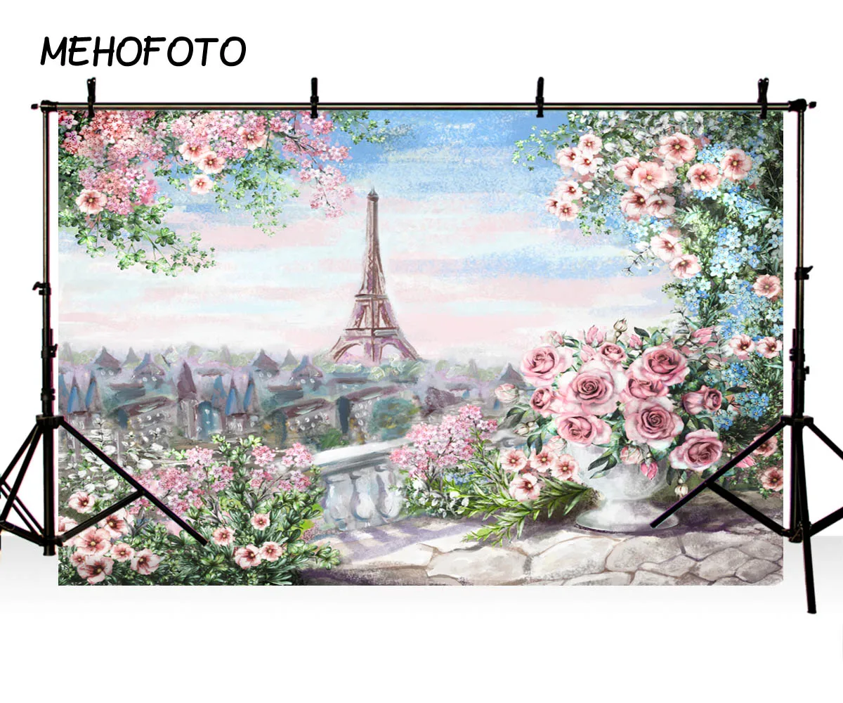 MEHOFOTO Vinyl Photographic Backdrop Floral Oil Printed Eiffel Tower Pink Rose European Castle Children Backgrounds Photo Pro