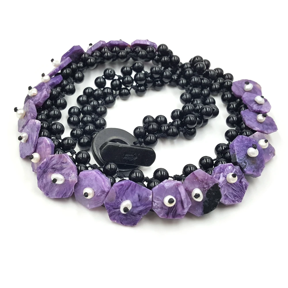 LiiJi Unique Natural Charoite,Black Onyx,Freshwater Pearl Elegant Handmade Knitting Statement Necklace Nice Gift For Women 19''