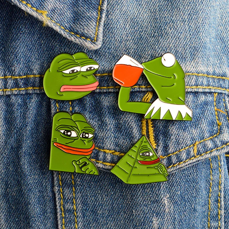 NEW 4pcs/set the Frog Pepe Sad Think Drink Funny Cute Metal Enamel brooches Button sweater Pins Women Jewelry bag accessories