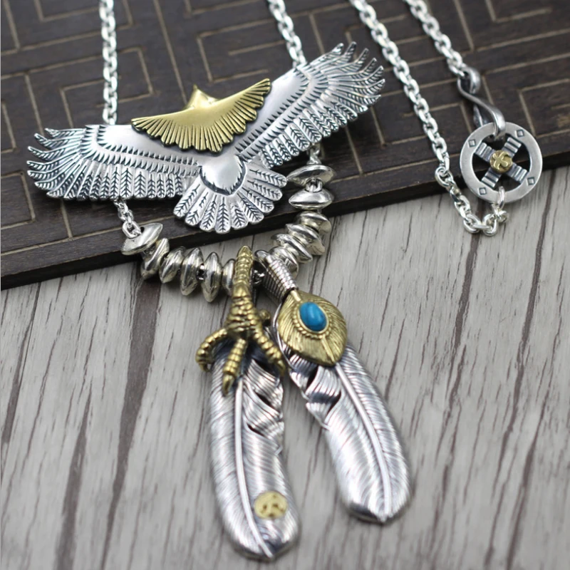 النمط الهندي الفضة النسر ريشة قلادة قلادة جدا الزاوية سلسلة العصرية تي شيرت سترة سلسلة 925 الفضة النقية الفيروز