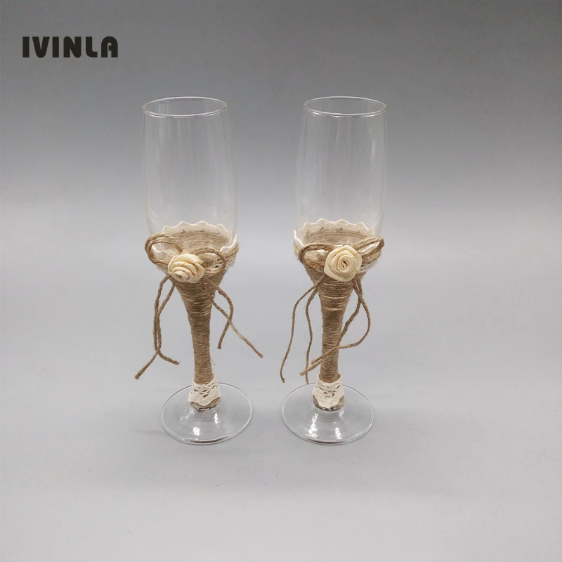 Hot selling 1 pair Rustic Wedding Champagne Bride and Groom Glasses Wedding Twine Flutes Toasting Burlap Glasses