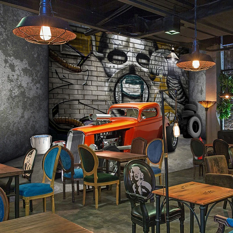 Custom 3D Wall Murals Wallpaper Creative Stereoscopic Space Car Skull Street Graffiti Art Restaurant Background Wall Painting