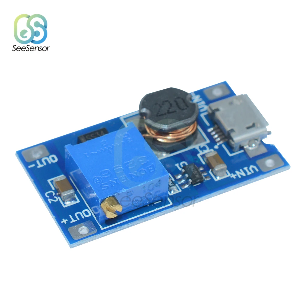 MT3608 2A DC-DC Adjustable Step Up Module Boost Board with Micro USB 2V-24V to 5V 9V 12V 28V