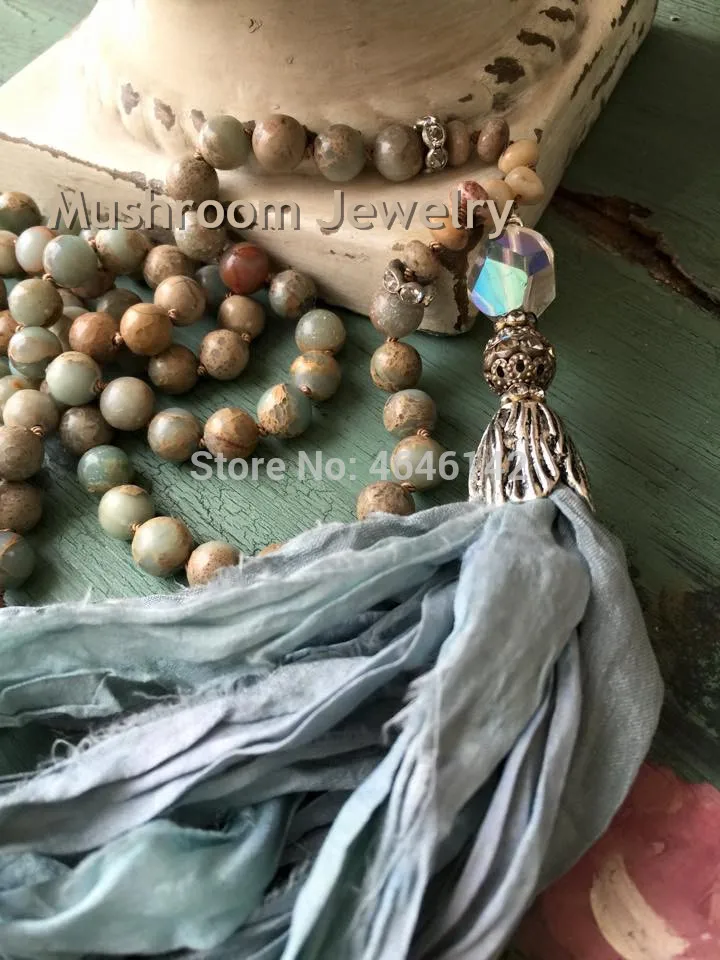 

Long Tassel Necklace Knoting Opal African Jaspers Stone Beaded Necklace Sari Silk Tassel Ladies Necklace Boho