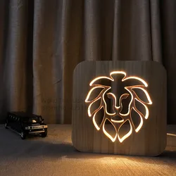 3D Wooden led Lion Lamp Animal USB LED Table Light Lion luz Switch Control bebe noche Wood Carving for Children bedroom Decor