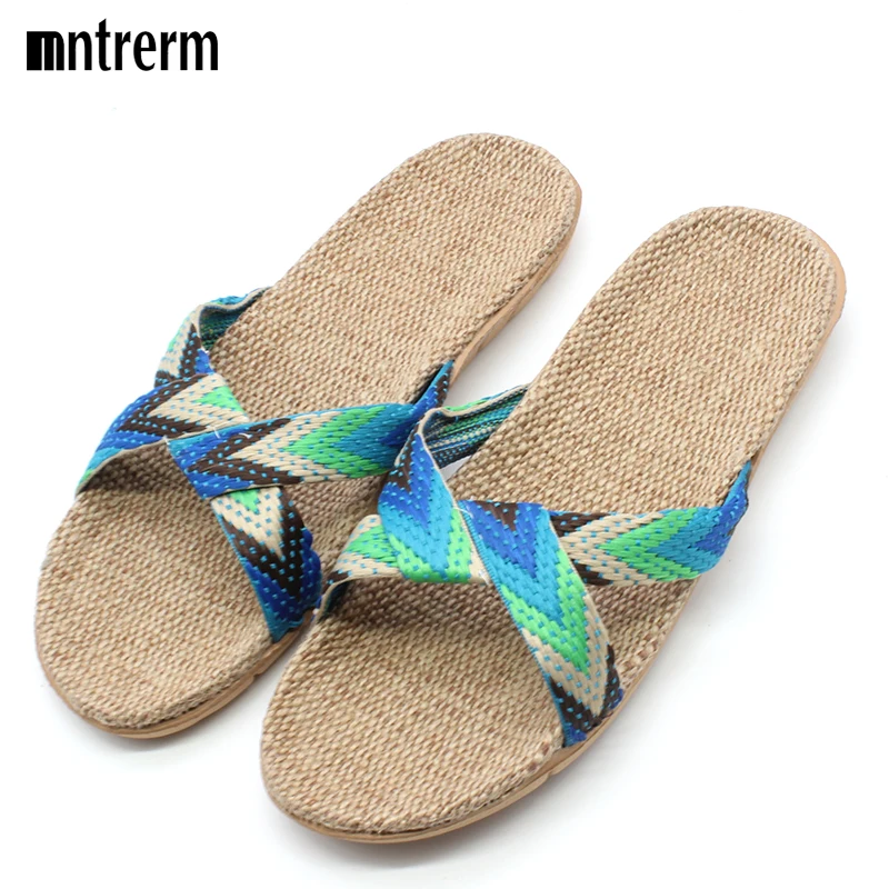 Mntrerm Hot 2023 New Candy Color Flax Home Slippers Striped Cut-outs Summer Indoor Slippers Flats Soft Cool Women Linen Slipper