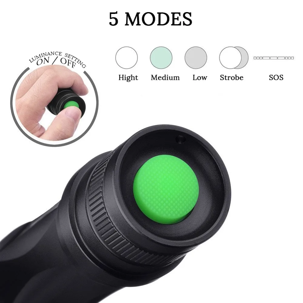 Glare LED Flashlight Bicycle Light 5 Lighting modes Zoomable Torch Use 18650 battery Used for hunting camping night rides, etc.