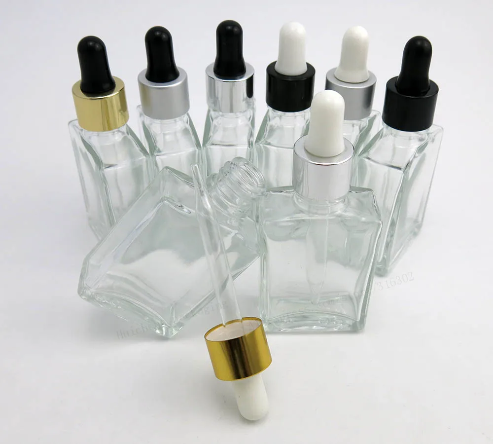 30ml Clear Square Glass Bottles Eye Dropper Aromatherapy Perfume 1oz Clear Glass Dropper Vials for E liquied