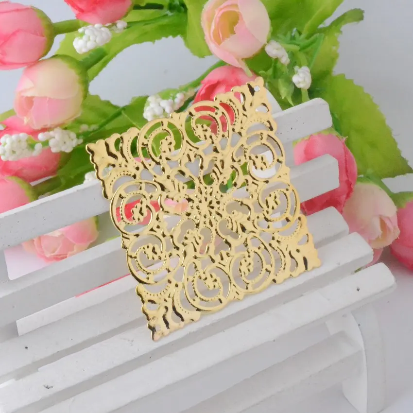 Free shipping Retail 10Pcs Gold Filigree Square Wraps Connectors Jewelry Findings Connectors 51x51mm F0782
