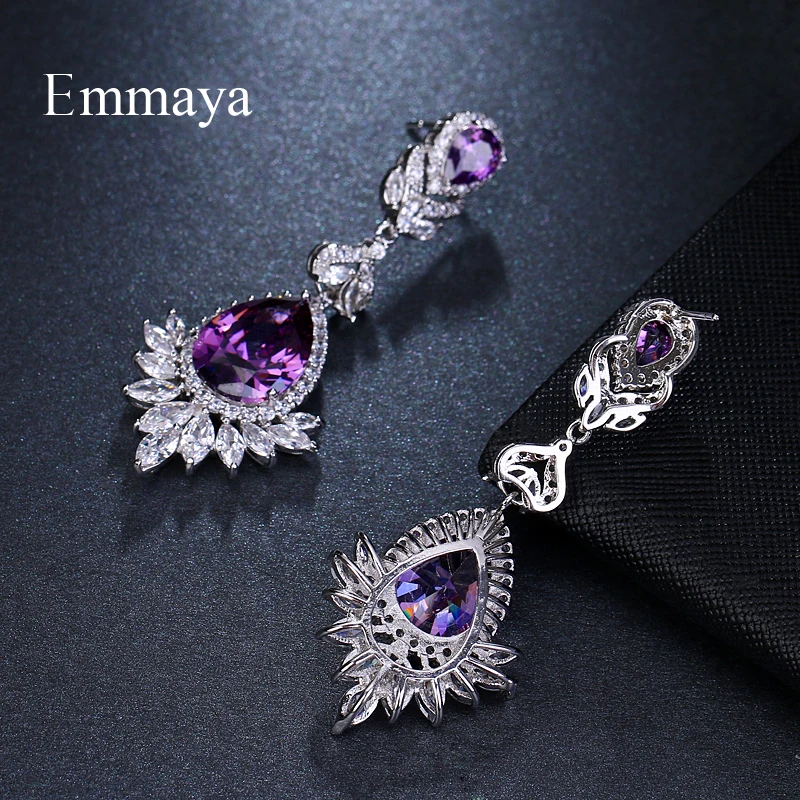 Emmaya Brand Sliver Color Water Drop Shape Purple Zircon Crystal Pendant Stud Earrings For Women Bridal Wedding Jewelry