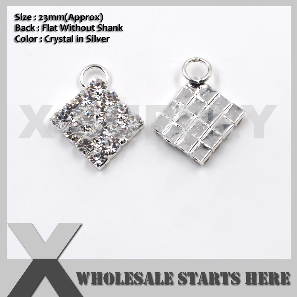 18.5mm Square Silver Rhinestone Eardrop Pendant,Crystal Pendant,With a Ring on Top,Flat Back